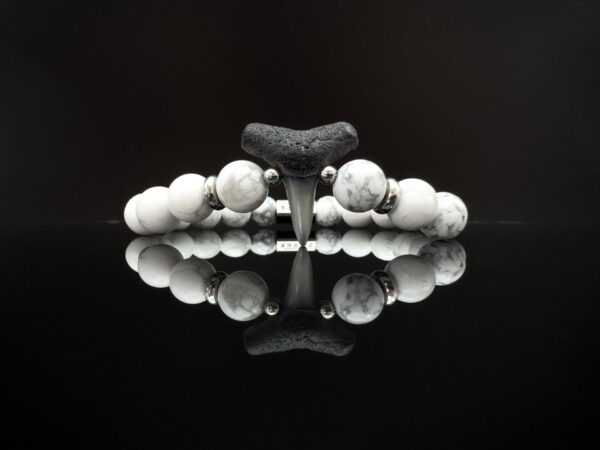 fossil shark tooth bracelet with howlite gestmones and stainless steel details