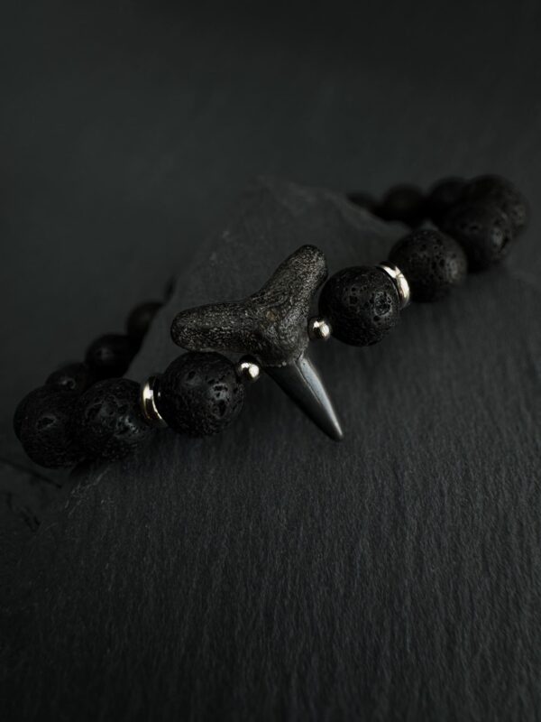 fossil shark tooth bracelet with lava rock and stainless steel