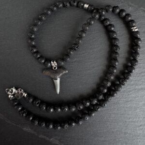 men fossil shark tooth necklace with lava rock gemstones