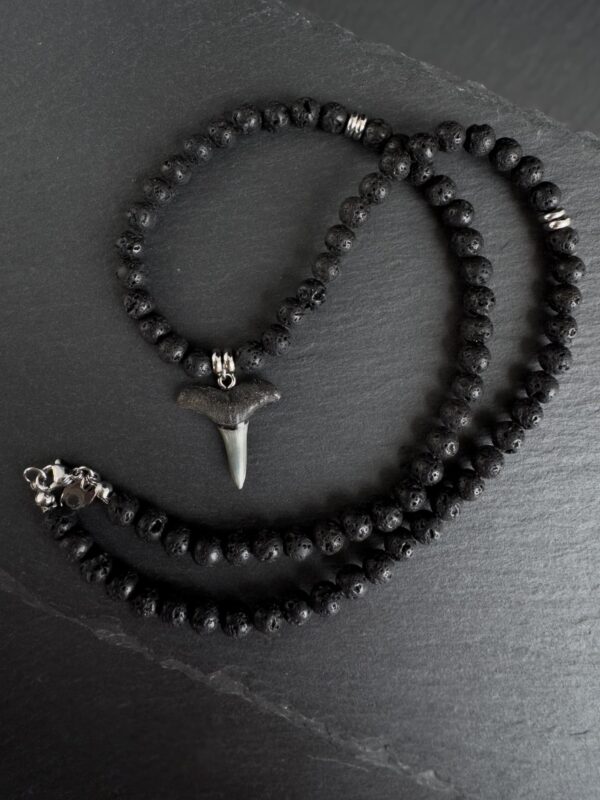 men fossil shark tooth necklace with lava rock gemstones