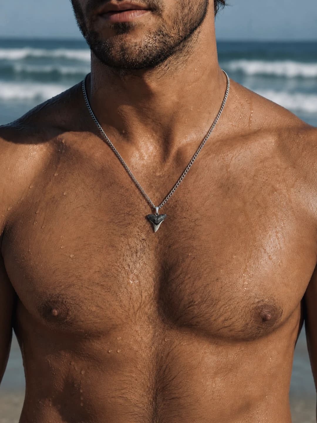 Bull shark fossil tooth made into a necklace with steel chain.