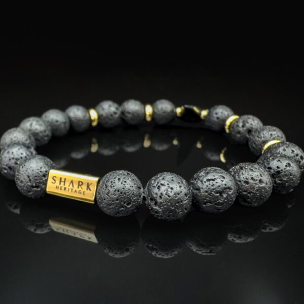 fossil shark tooth bracelet with lava stone and 18k gold plated beads