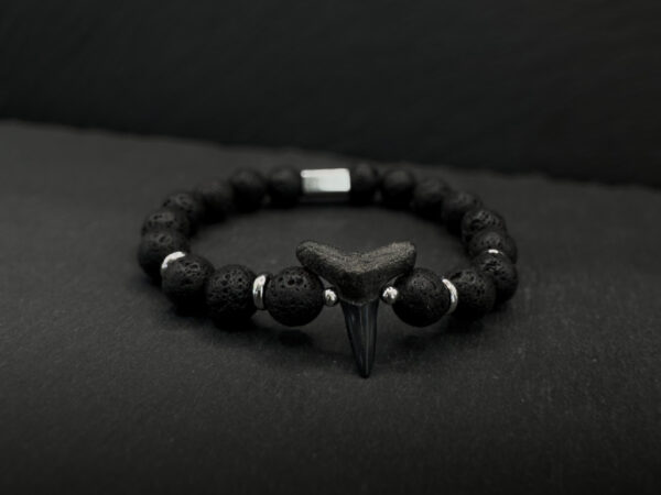 fossil shark tooth bracelet with lava rock gemstones and stainless teel details