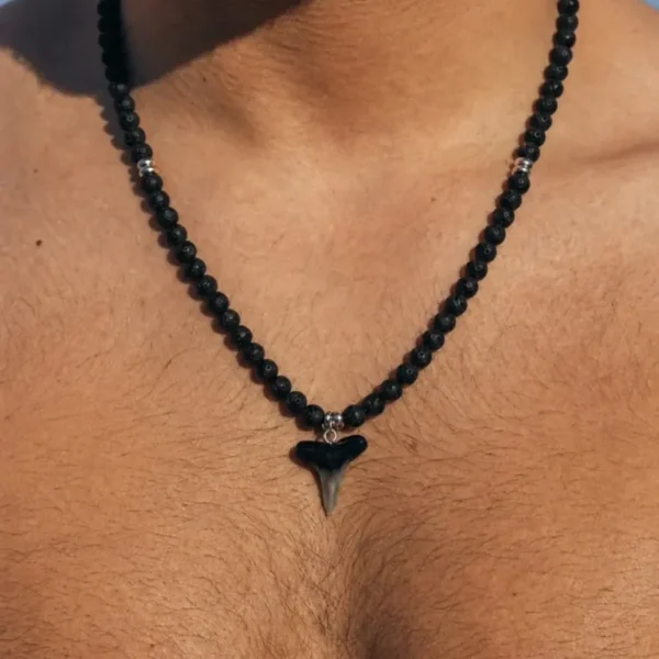 men fossil shark tooth necklace with lava rock gemstones